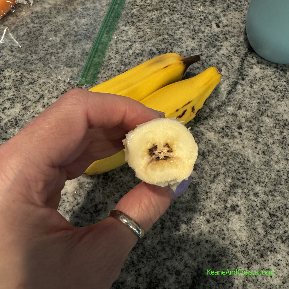 inside a burro banana, showing seeds