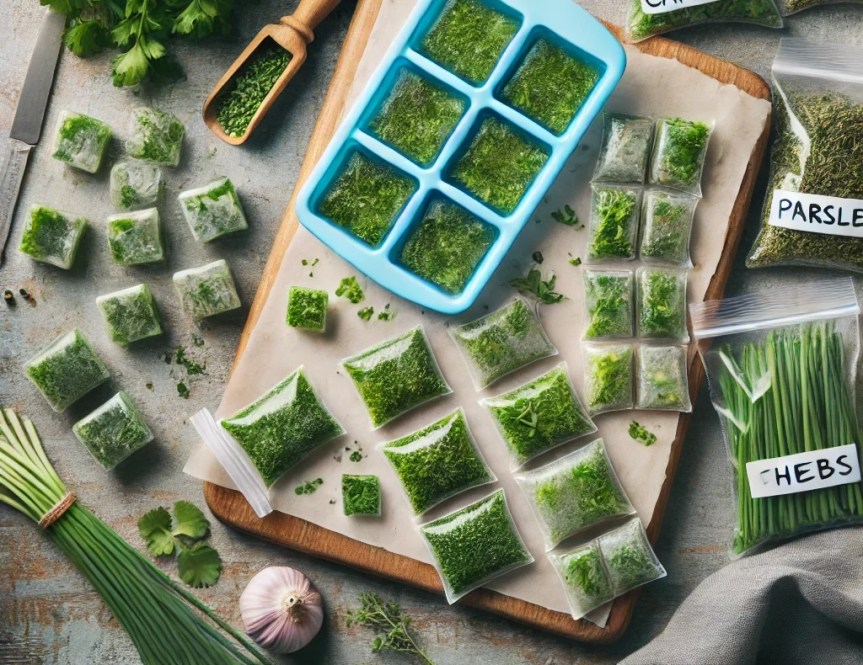 freezing herbs and greens